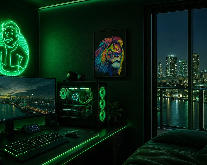 Lion de Néon, en situation dans une chambre gamer aux néons verts